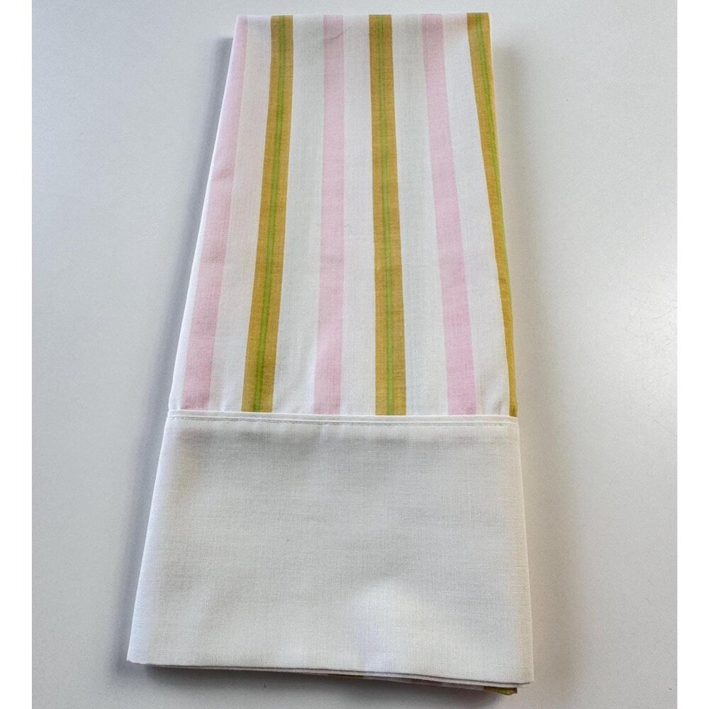 Vintage 70s pillowcase, striped pink yellow and white, single pillow sham
